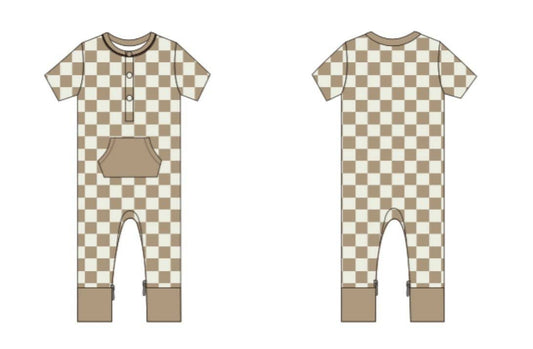 Checkered Short Sleeve Romper- Desert Tan