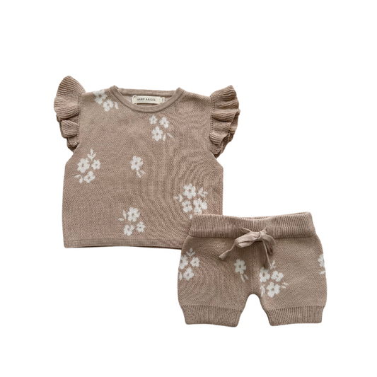 Organic Knit Short Set - Tan Floral