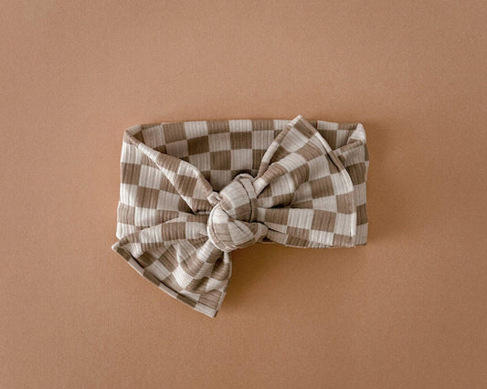 Tan Check Tie On Headwrap