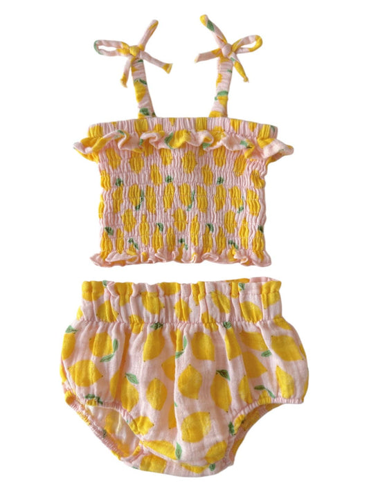 Lemon Sorbet / Muslin Smocked Ruffle Top & Bloomer