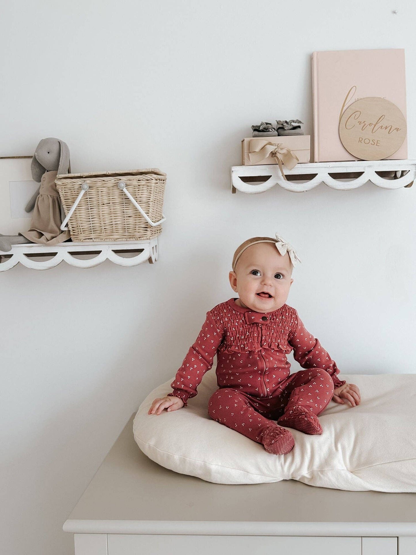 Organic Smocked Zipper Footie in Appleberry Dots