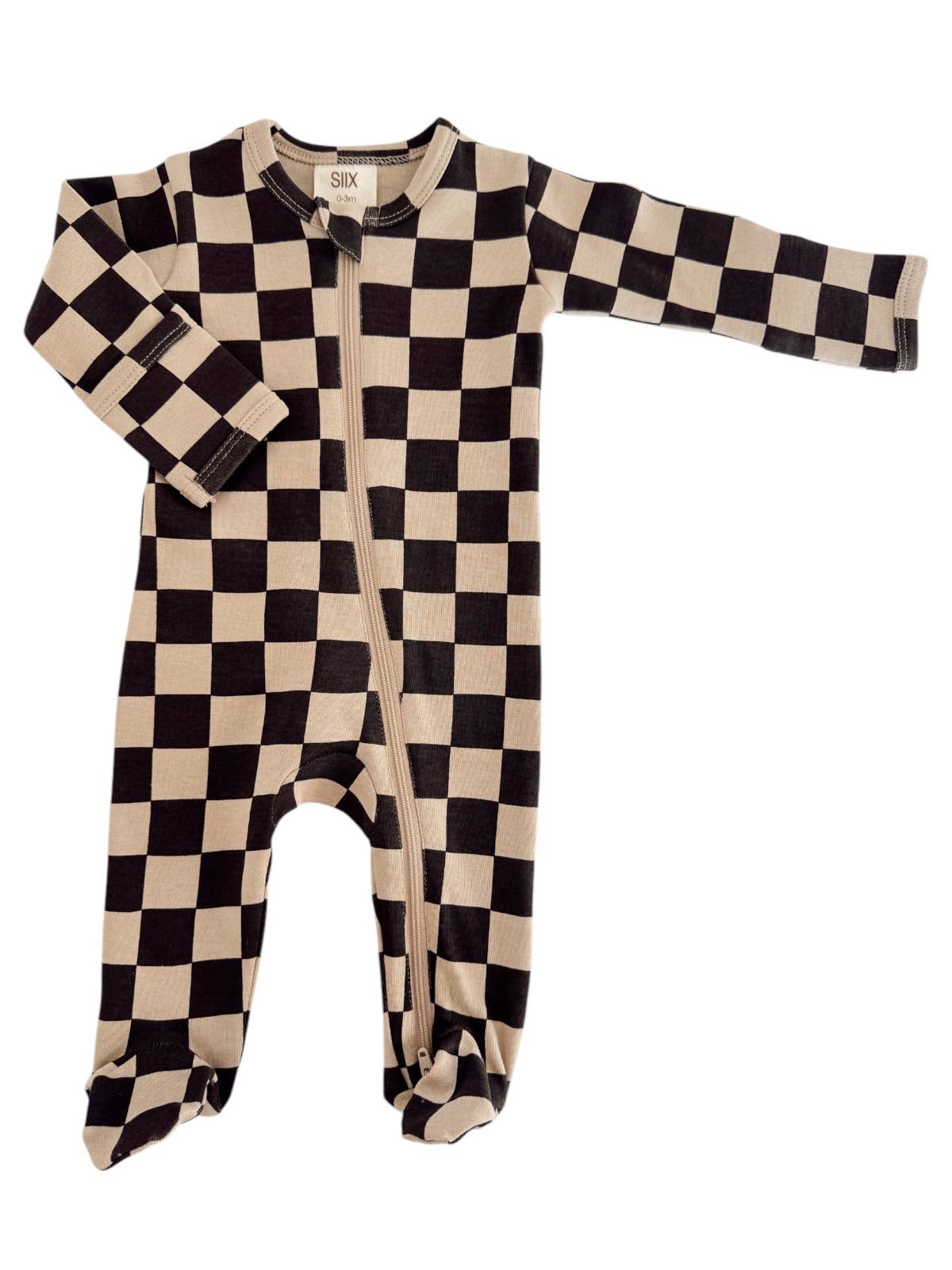 Tiramisu/Black Checkerboard / Organic Zip Footie