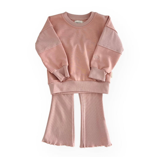 Crewneck Ribbed Block Sweatshirt & Flare Set | Blush
