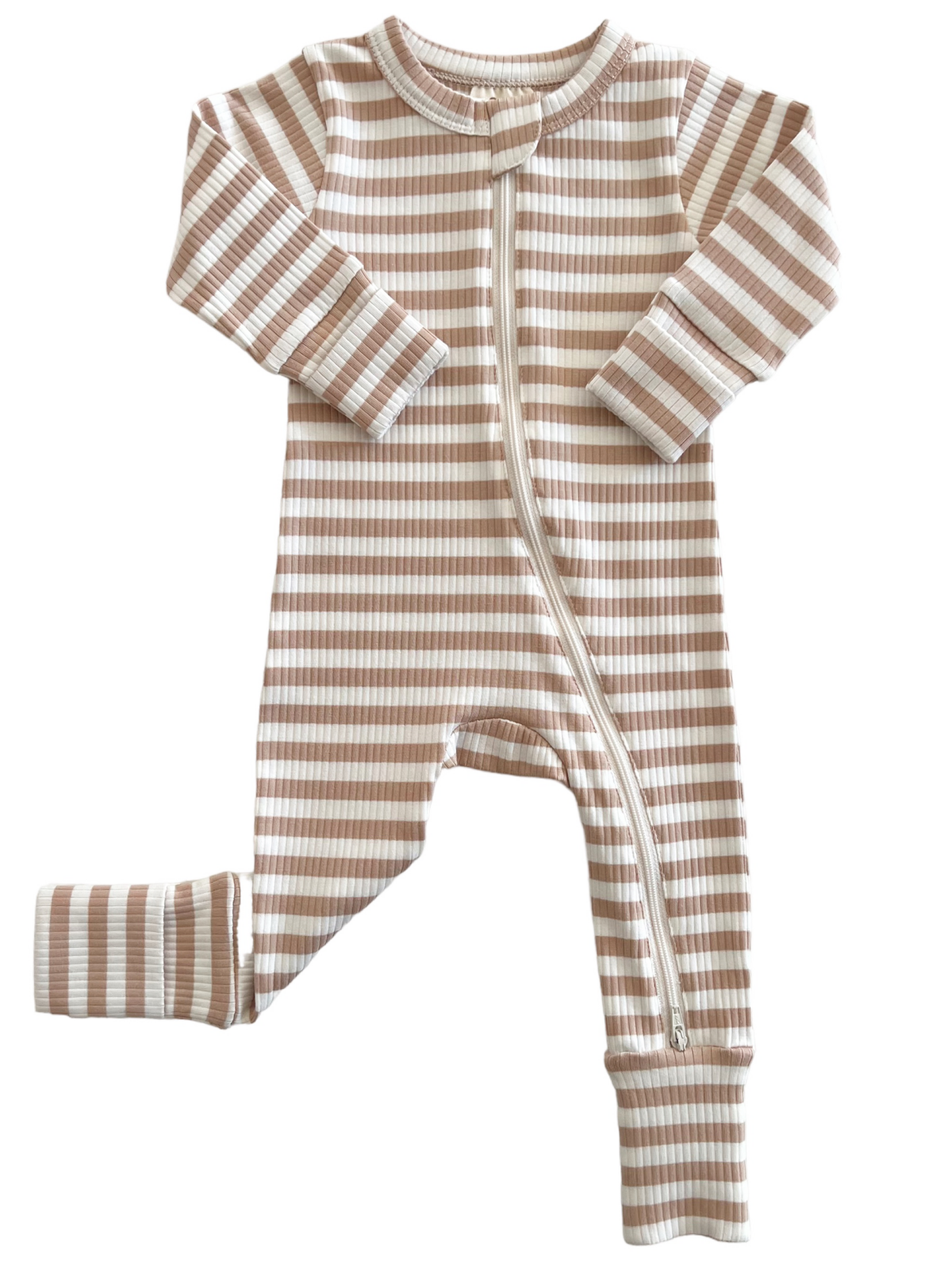 Tan Stripe Ribbed Zip Romper