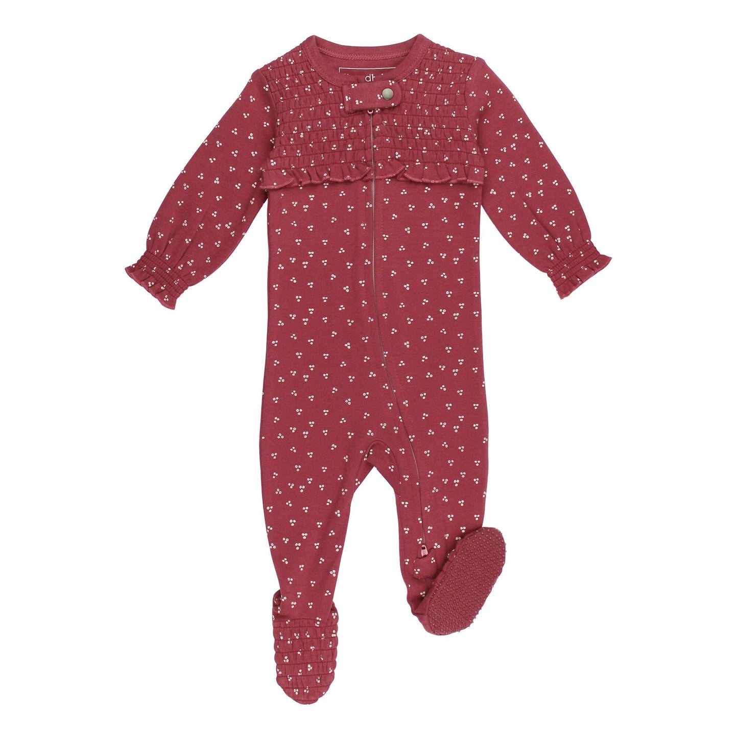 Organic Smocked Zipper Footie in Appleberry Dots