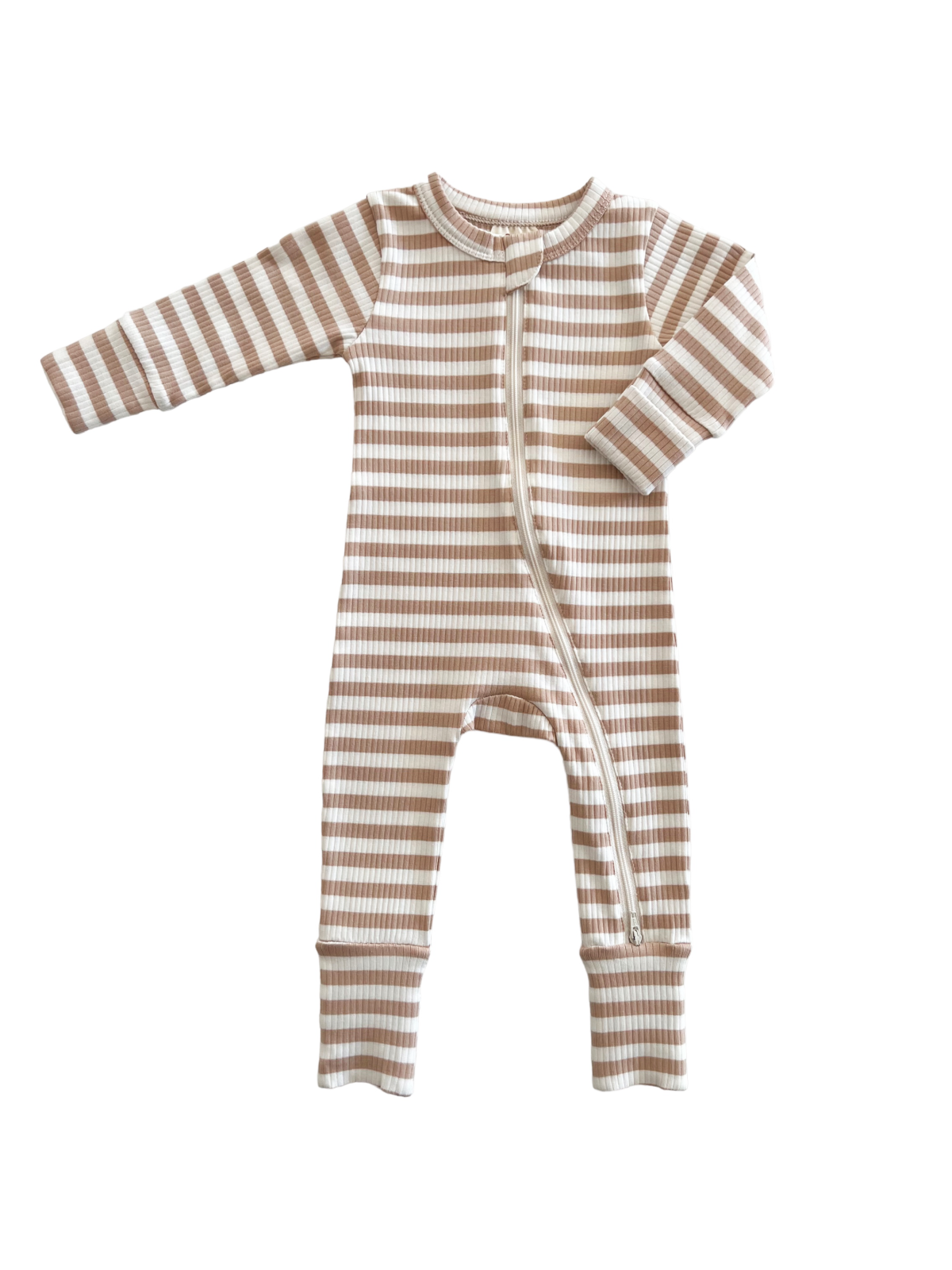 Tan Stripe Ribbed Zip Romper