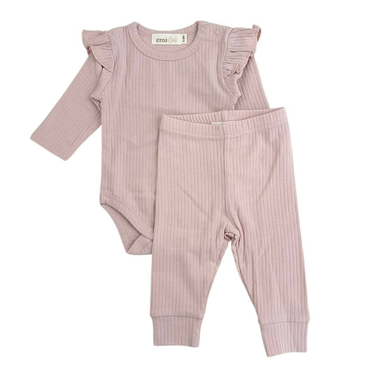 Organic Cotton Ribbed Ruffle Romper & Leggings - Blush Mauve