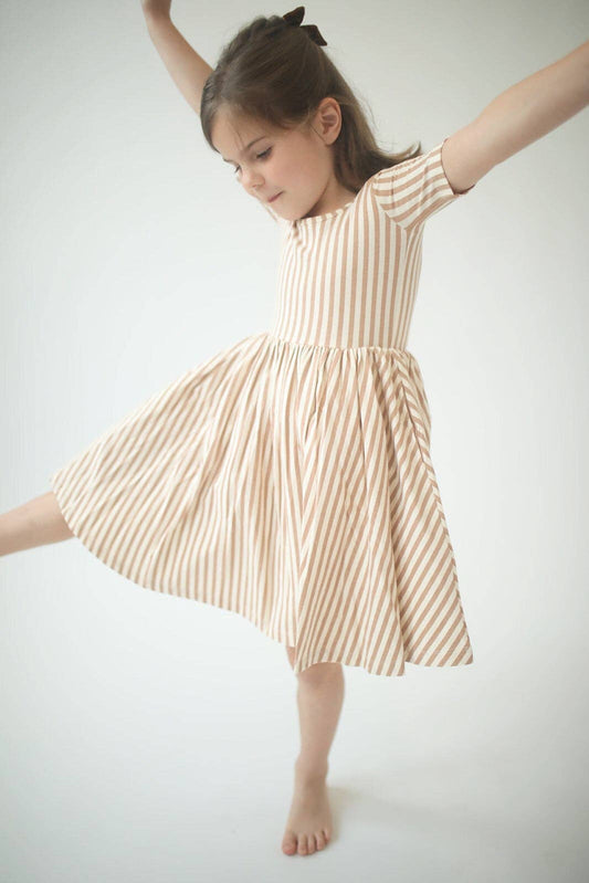 Short Sleeve Twirl Dress in Toffee Stripes