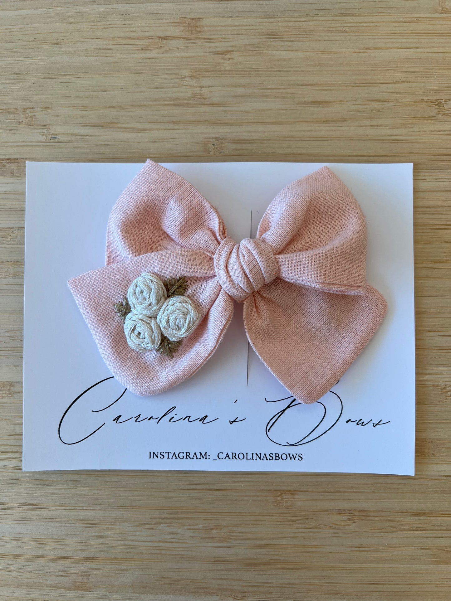 Carolina’s Bows - Pink w/ Cream Embroidery Clip
