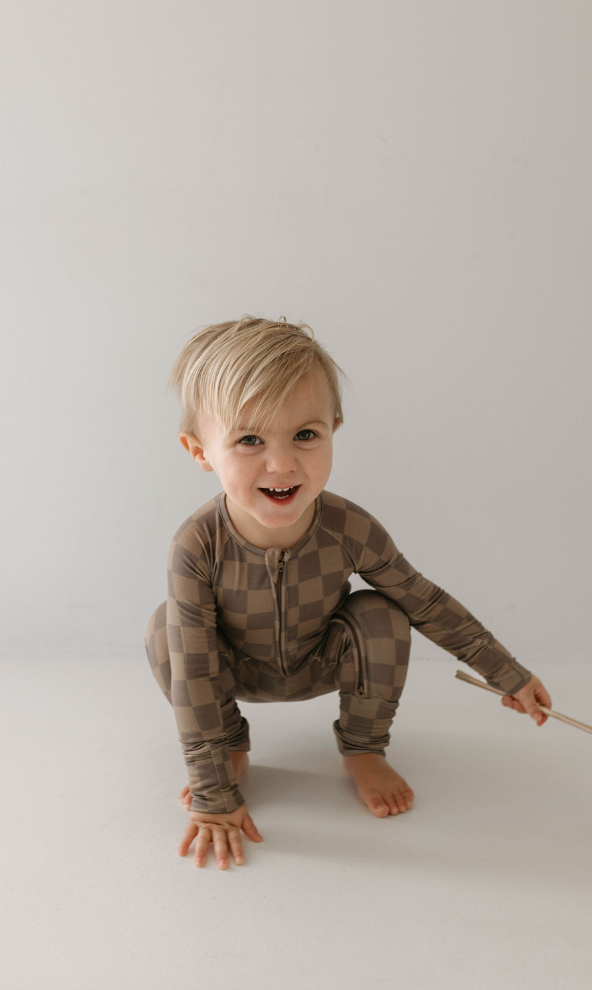 Faded Brown Checkerboard  | Bamboo Zip Pajamas