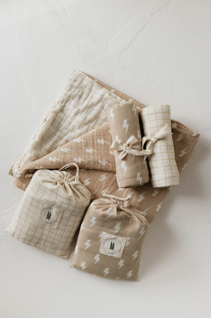 Tan and Cream Lightning Bolt & Golden Grid  | Reversible Muslin Quilt