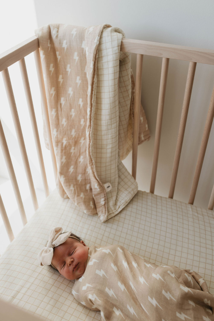 Tan and Cream Lightning Bolt & Golden Grid  | Reversible Muslin Quilt