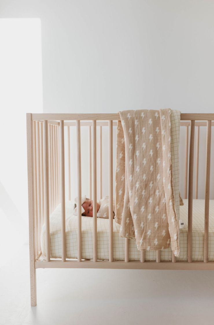 Tan and Cream Lightning Bolt & Golden Grid  | Reversible Muslin Quilt