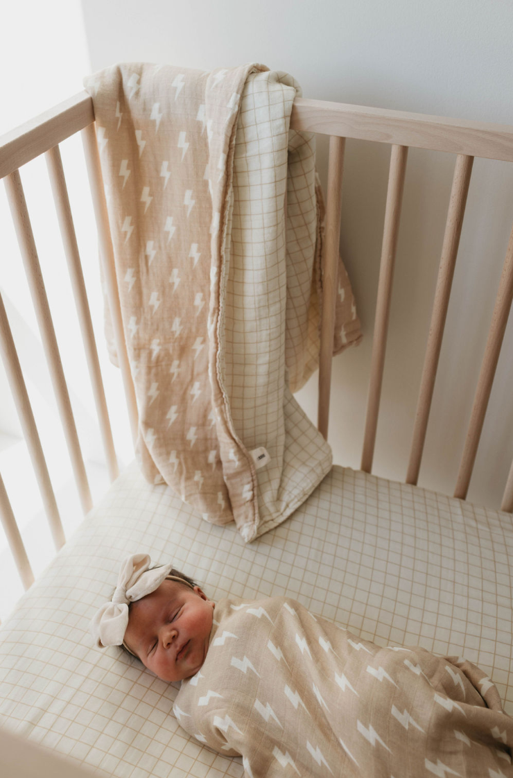 Tan and Cream Lightning Bolt & Golden Grid  | Reversible Muslin Quilt