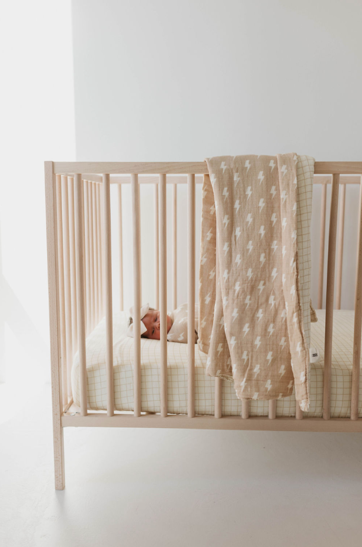 Tan and Cream Lightning Bolt & Golden Grid  | Reversible Muslin Quilt