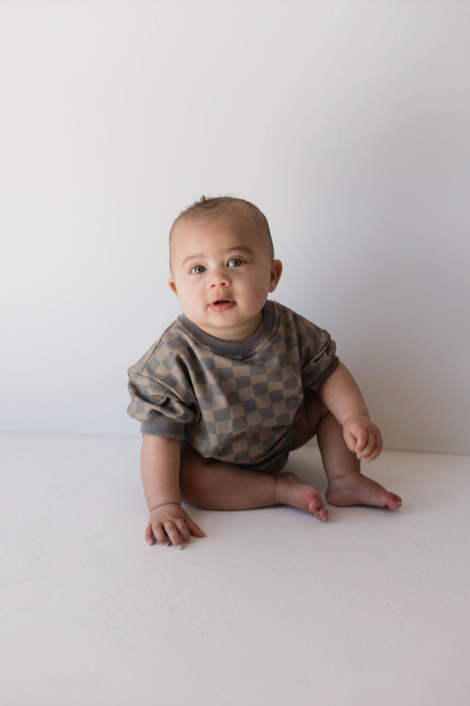 Faded Brown Checkerboard | Short Sleeve Romper