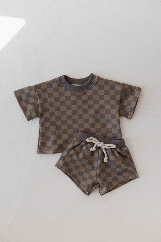 Faded Brown Checker Board | Two Piece Sweat Short Set