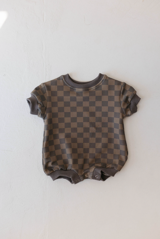 Faded Brown Checkerboard | Short Sleeve Romper