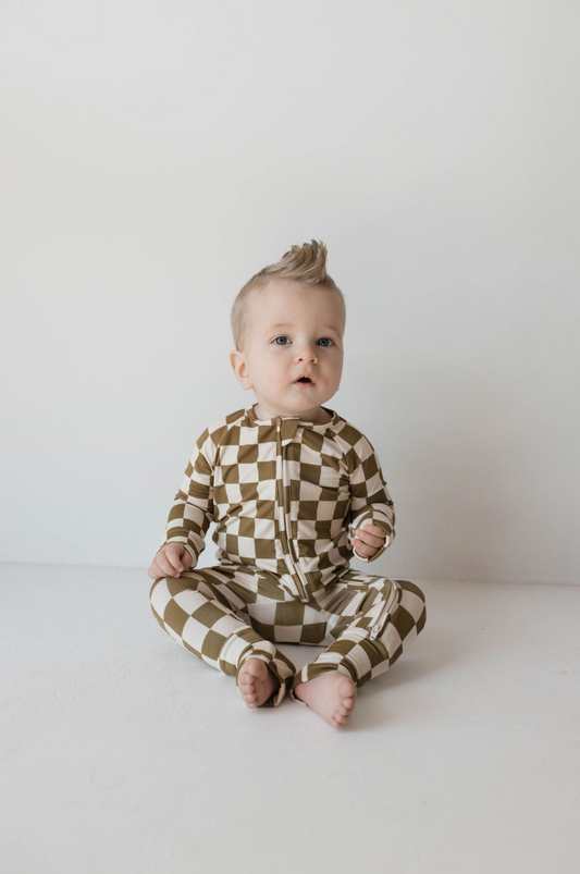 Bamboo Zip Pajamas | Olive Checkerboard