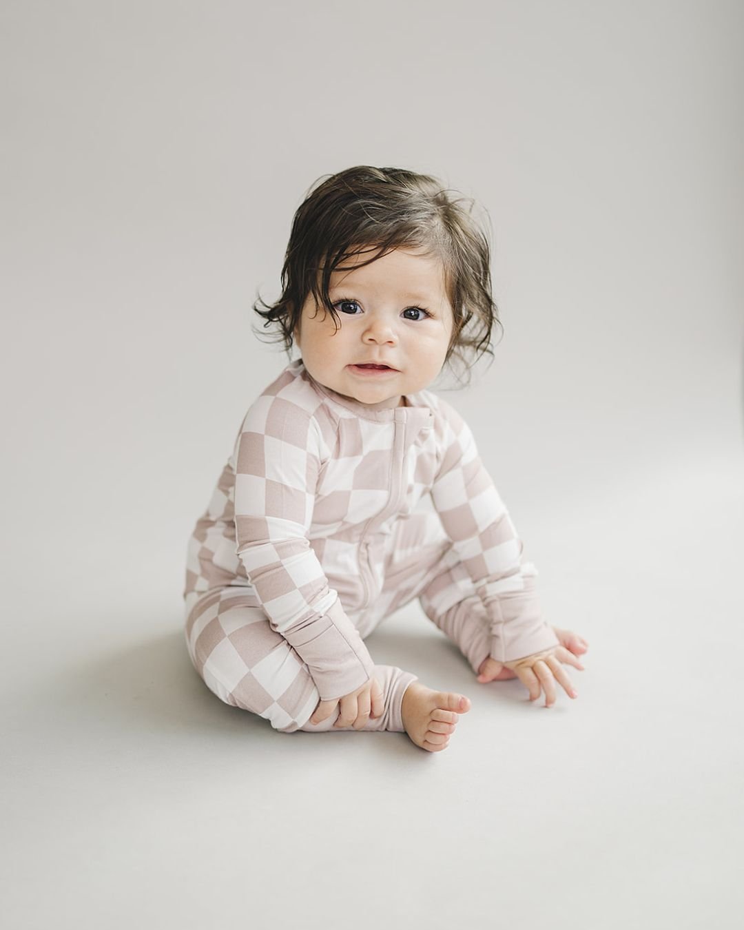 Bamboo Zip Romper | Beige Checkered