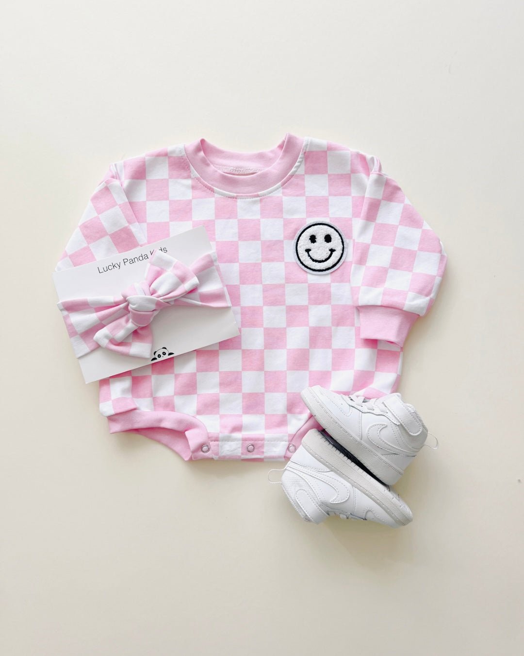 Bubble Romper | Checkered Smiley Pink