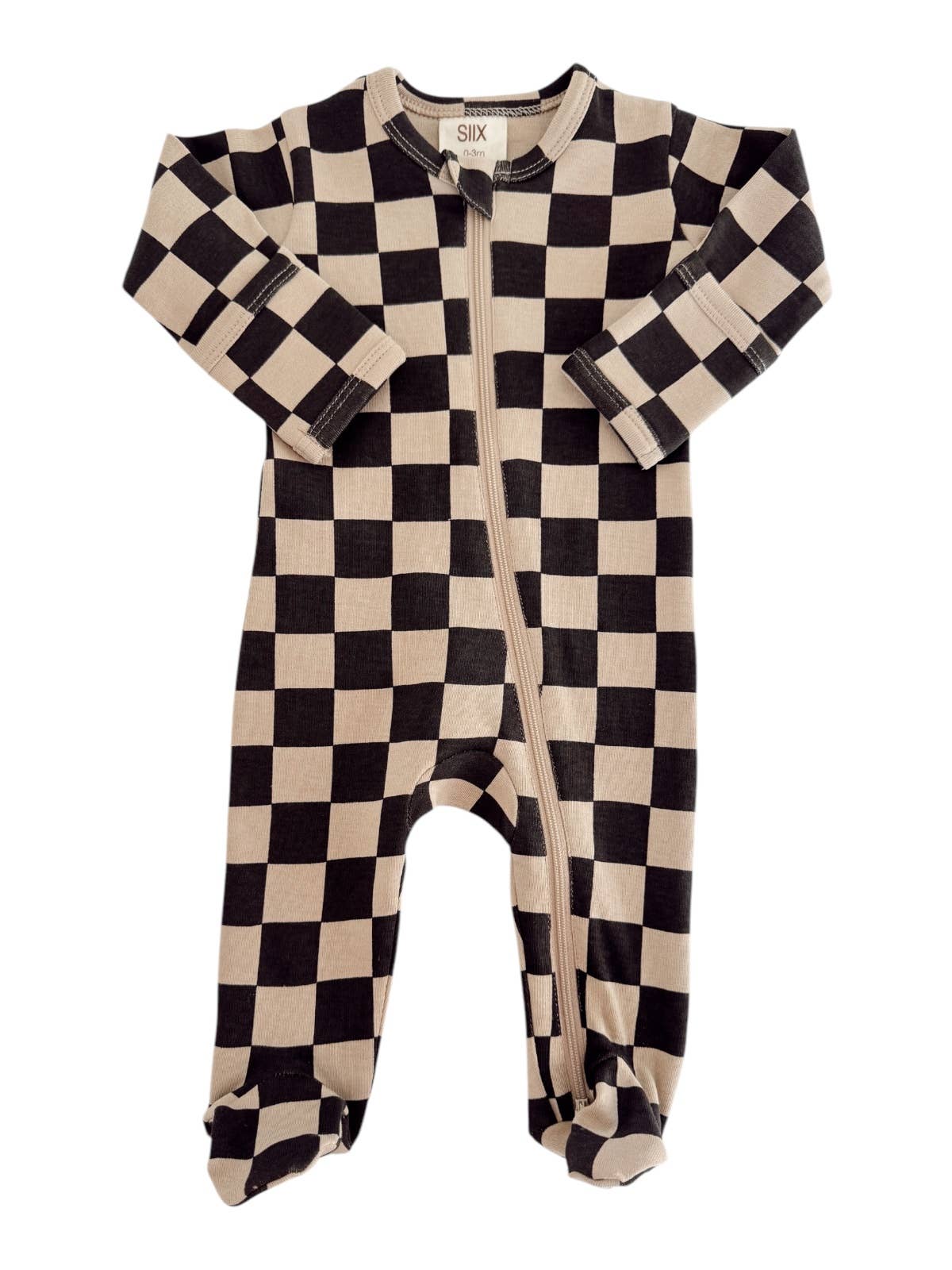 Tiramisu/Black Checkerboard / Organic Zip Footie