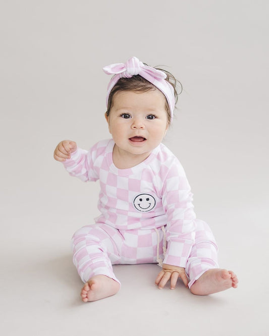 Checkered Smiley Lounge Set | Pink