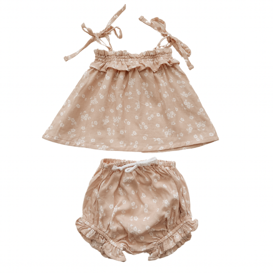 Bamboo Muslin Tie Dress - Cream Tan Floral