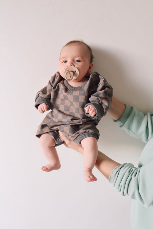 Faded Brown Checkerboard  | Long Sleeve Romper