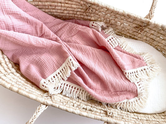 Fringe Swaddle Blanket - Rose Pink