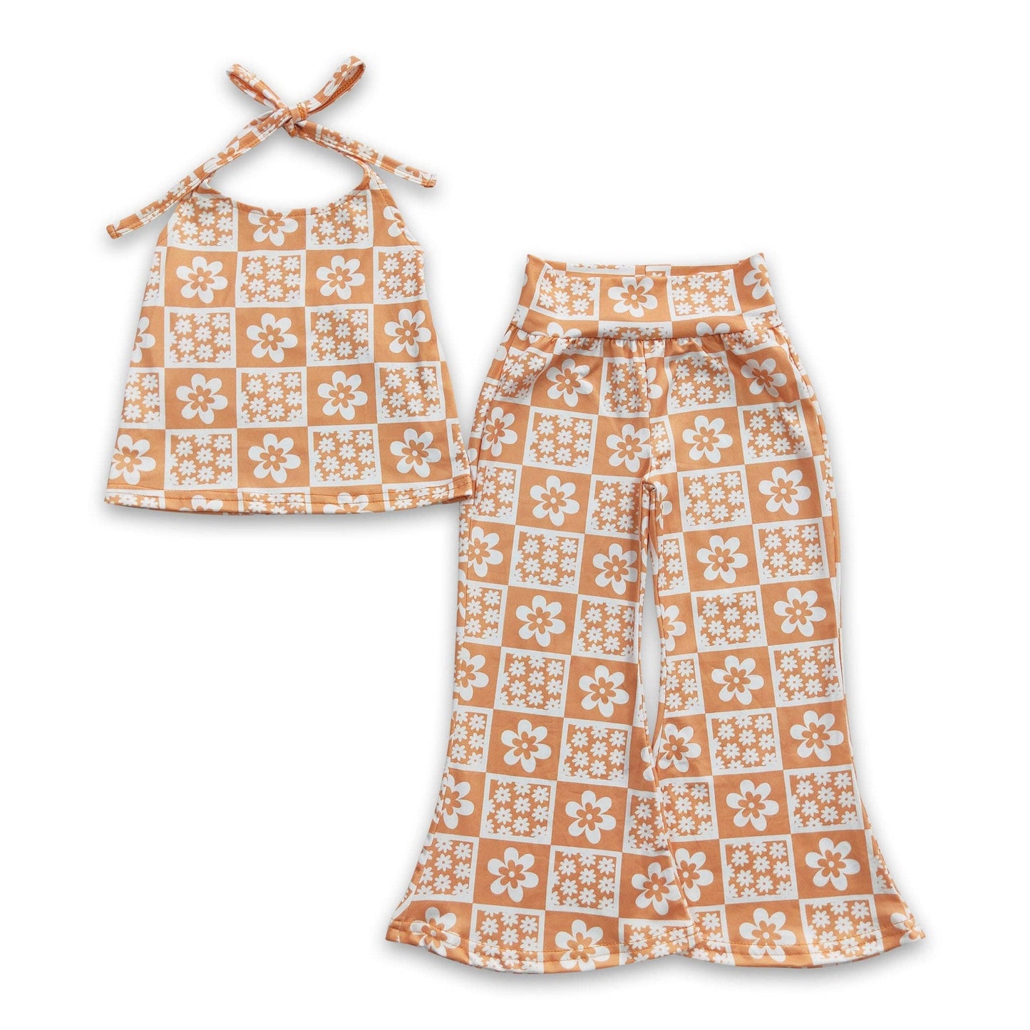 Orange Floral Top + Bell Bottom Pants Set