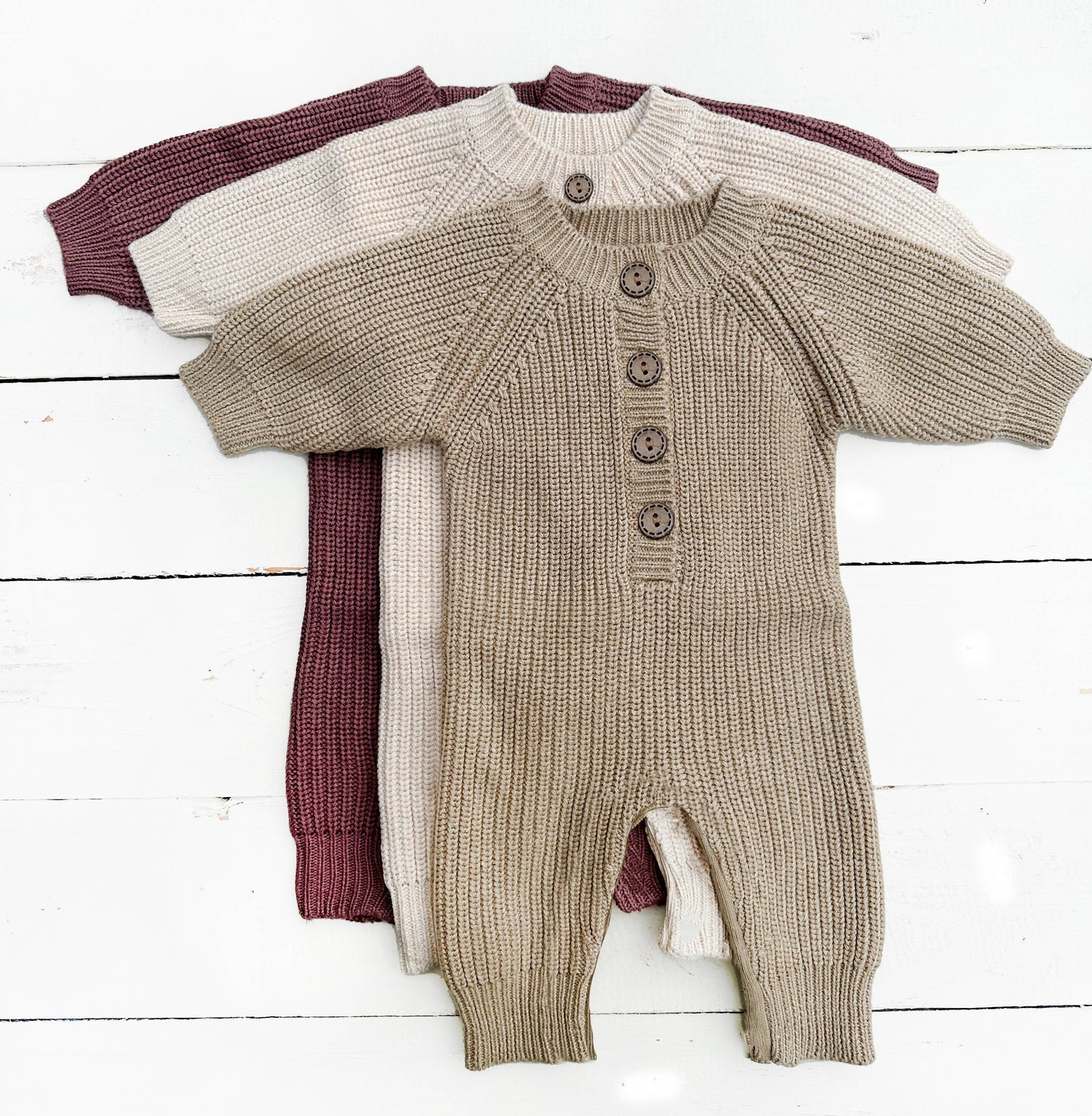 Baby Knit Romper Button Jumpsuit / Rice